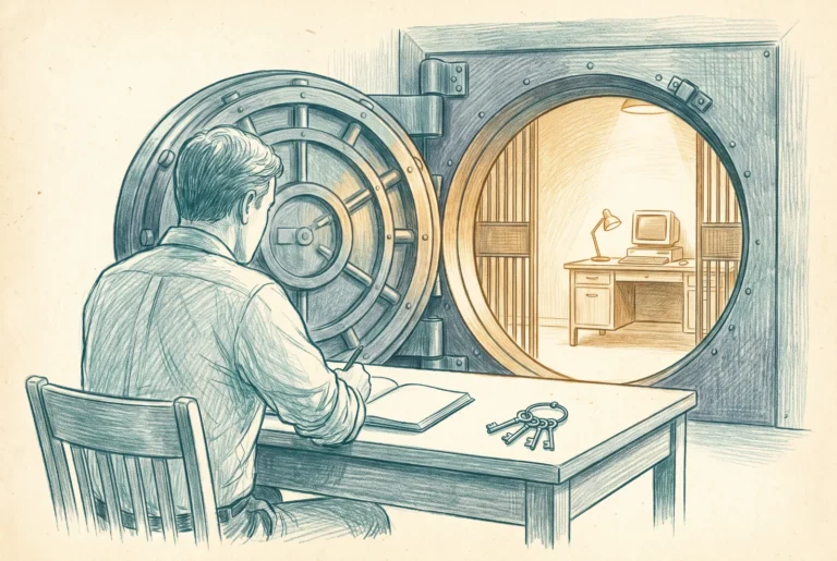 Editorial illustration of a person at a desk before a vault door opening onto a small protected workspace