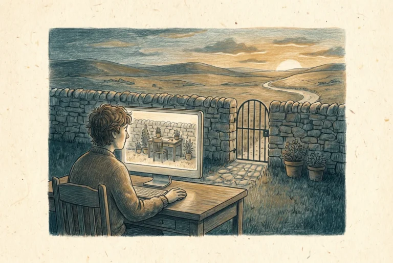 Editorial illustration of a person viewing a walled courtyard workspace through their monitor